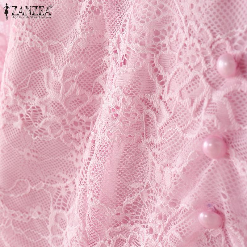 ZANZEA Women Casual V-Neck 3/4 Sleeve Lace Patchwork Blouse