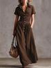 Damen Mehrfarbig Knopfleiste Hemdkleid Maxi-Kleid Revers Kurze Ärmel Tasche Vorne Lässig Langes Kleid