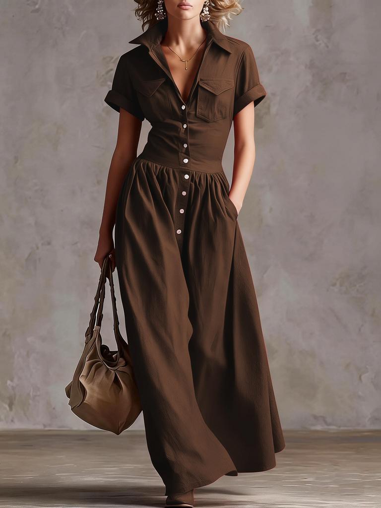 Damen Mehrfarbig Knopfleiste Hemdkleid Maxi-Kleid Revers Kurze Ärmel Tasche Vorne Lässig Langes Kleid
