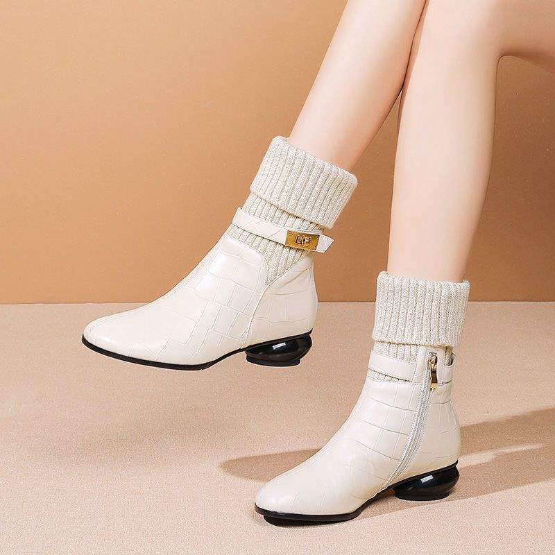 Off-white short boots for women 2025 winter new thin and versatile knitted wool medium boots thick heel medium heel boots for women