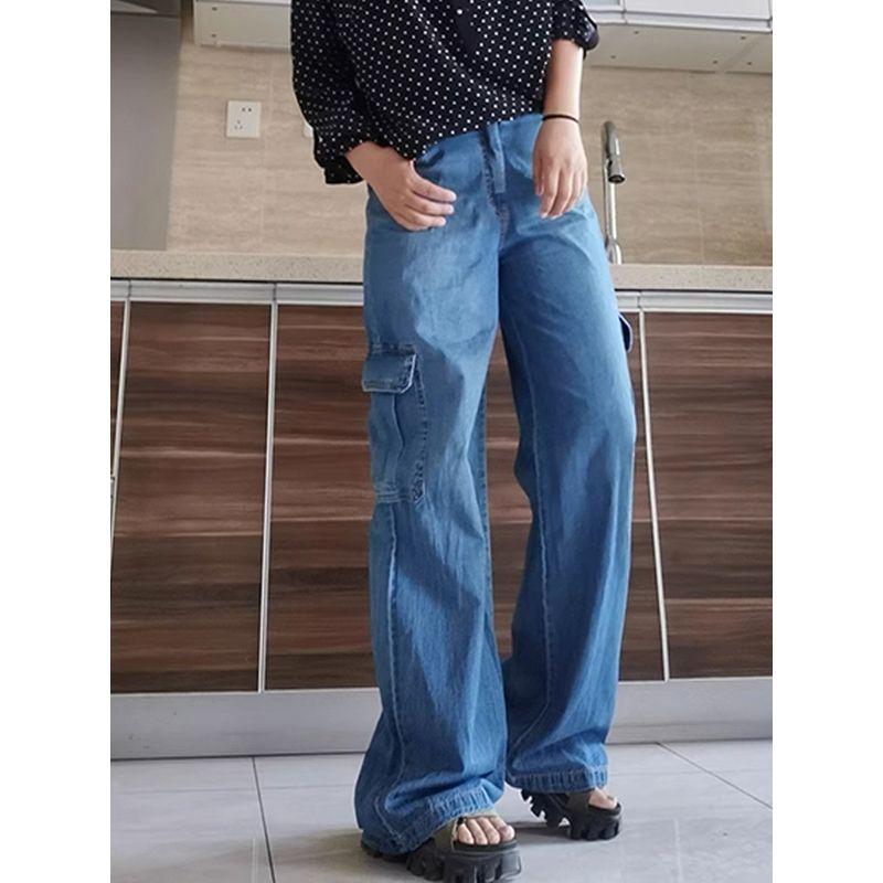 

Trade Tail Goods CA High Waist Foreign Trade Original Garment Plus size Side Pocket Loose Multi-Bag Wide Leg Wide Leg Straight Ultra-Thin Jeans C product CA pocket thin Loose pants 14