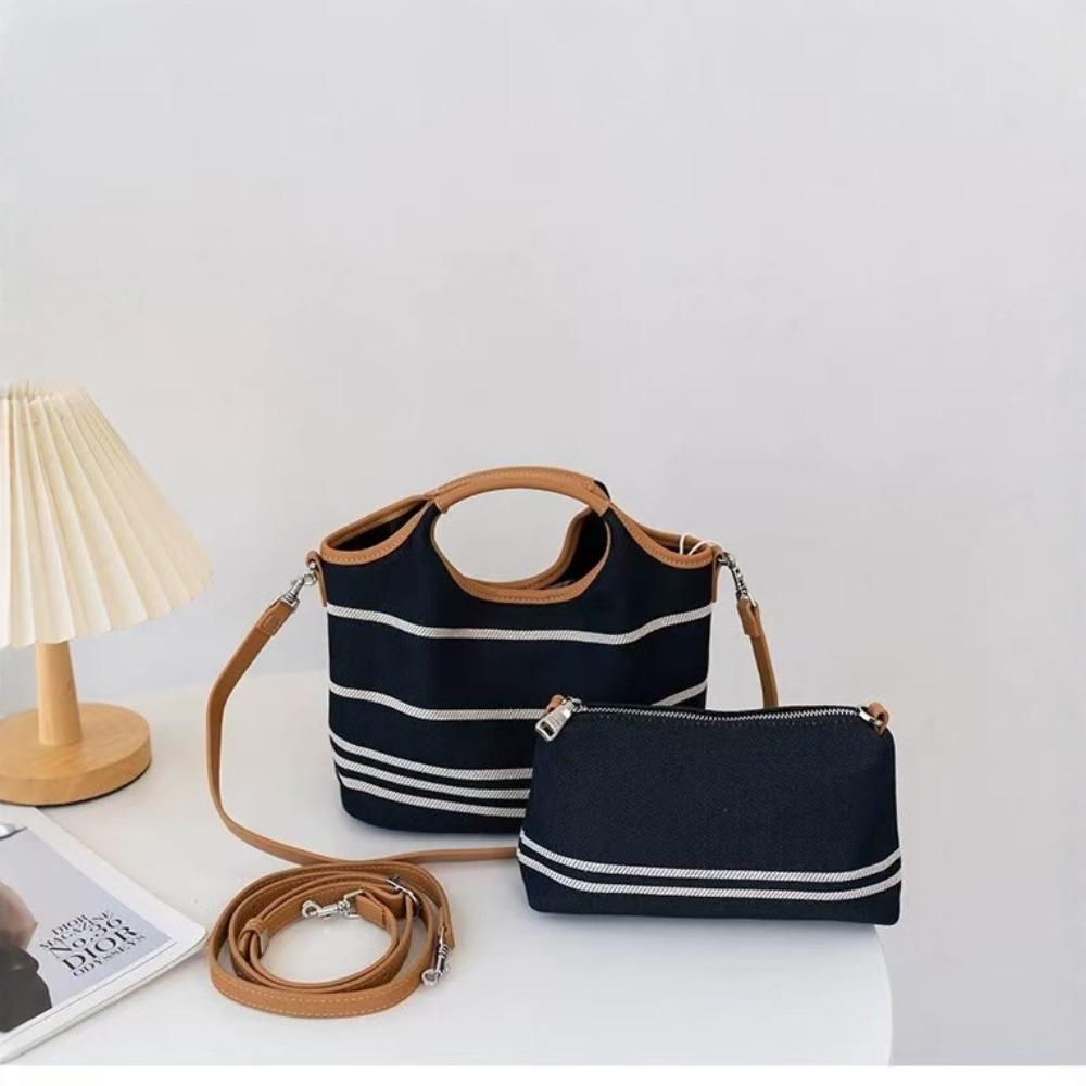 Korean niche design canvas bucket bag 2024 new contrasting color large-capacity casual tote bag commuter messenger bag