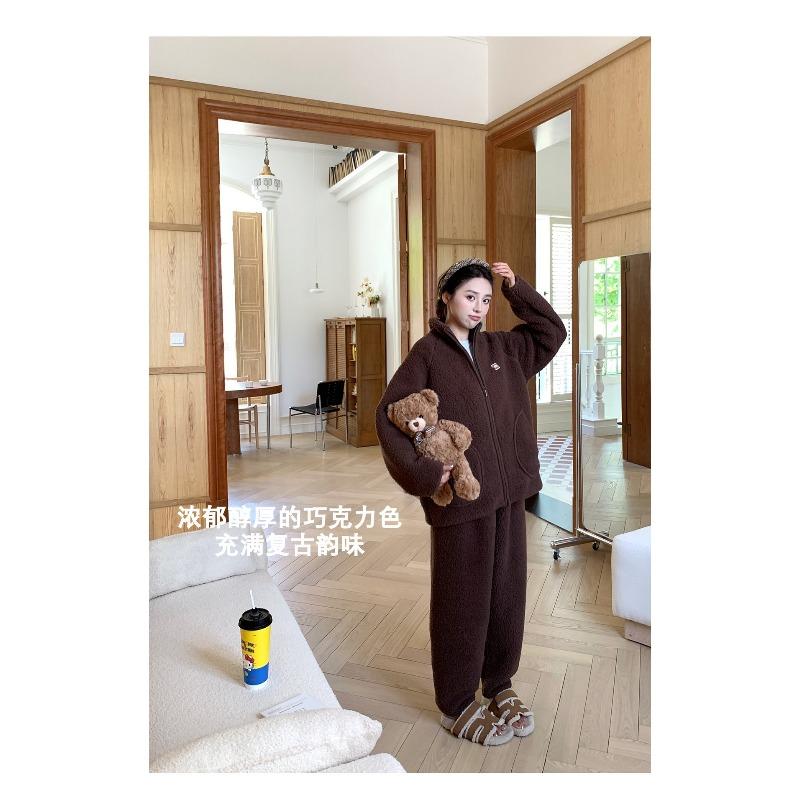 11 Thickened Couple Pajamas Lamb Wool Loungewear Women's Winter Thermal Stand-up Collar Zipper Outer Wear Set