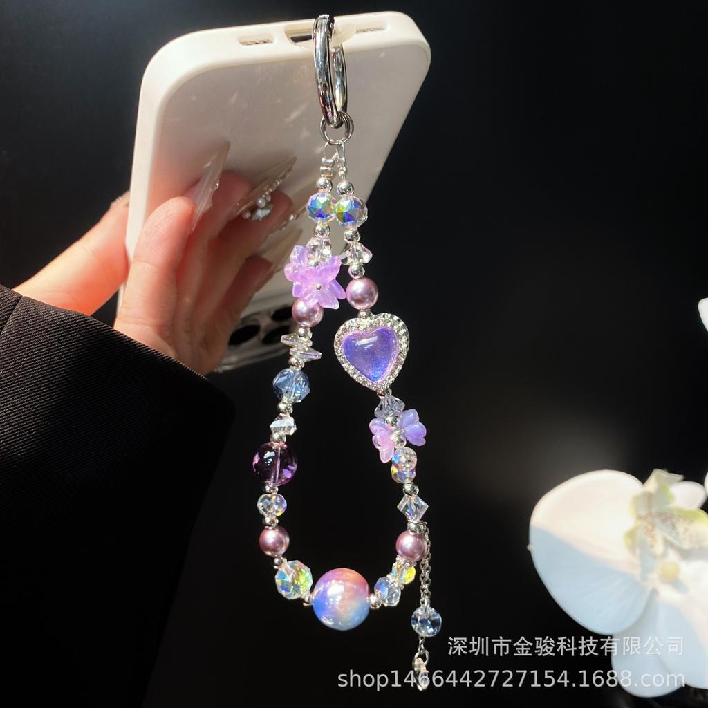 Phone Chain with Rhinestones, Colorful Heart Phone Chain Strap, Wrist Strap, Handmade Crystal Beaded DIY Flower Chain