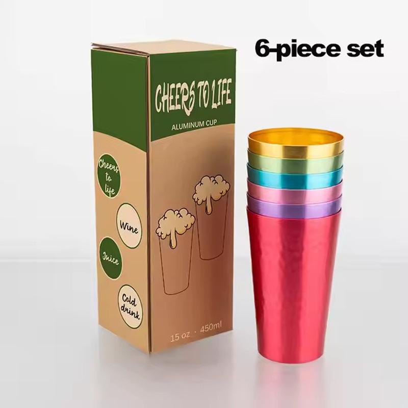 

6 шт. Разноцветные кованые алюминиевые кружки с подарочной коробкой — Многоразовые металлические стаканы для холодных напитков, сока, вина — Дизайн «Да здравствует жизнь» 301-400ml