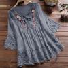 Women Plus Size Loose Shirt Half Sleeve Lace Flower Embroidery