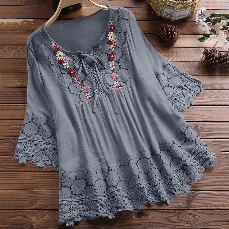 Women Plus Size Loose Shirt Half Sleeve Lace Flower Embroidery