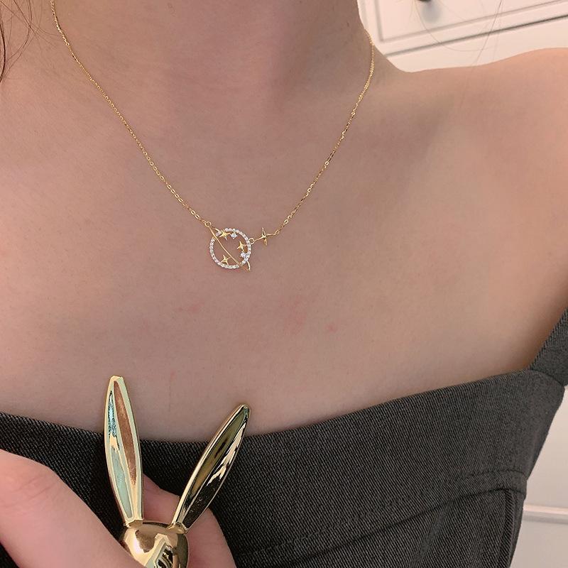

925 Sterling Silver Simple Diamond Gold Planet Pendant Necklace Women Fashion Wedding Party Jewelry Accessories Gold 45CM