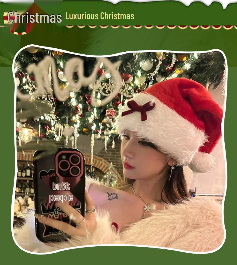 Women's Festive Plush Bow Hat - Black & Red Winter Headwear