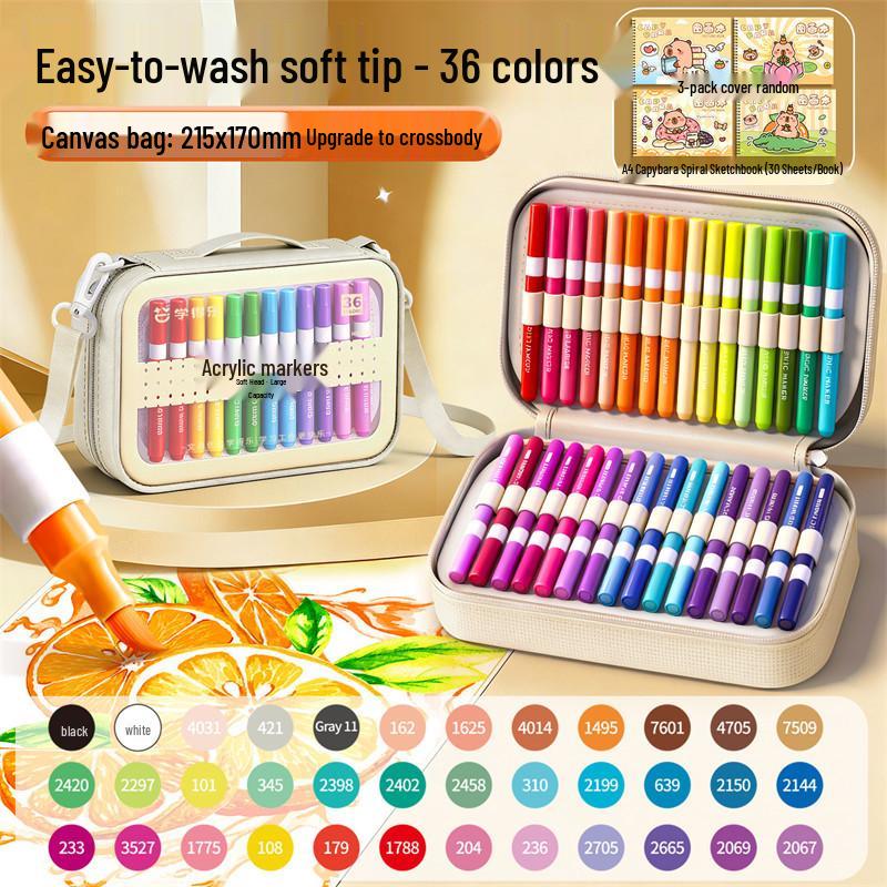 Large Capacity Washable Acrylic Marker Set with Soft Tip and Paint Brushes for Kids' Art Class
