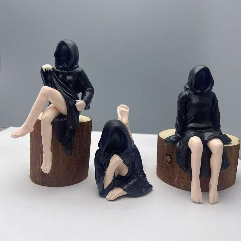 New 3pcs Halloween Girl Statue Women Sitting Figure Ornament Mysterious Statue Gothic Death Black Robe Queen Bookshelf Sculpture