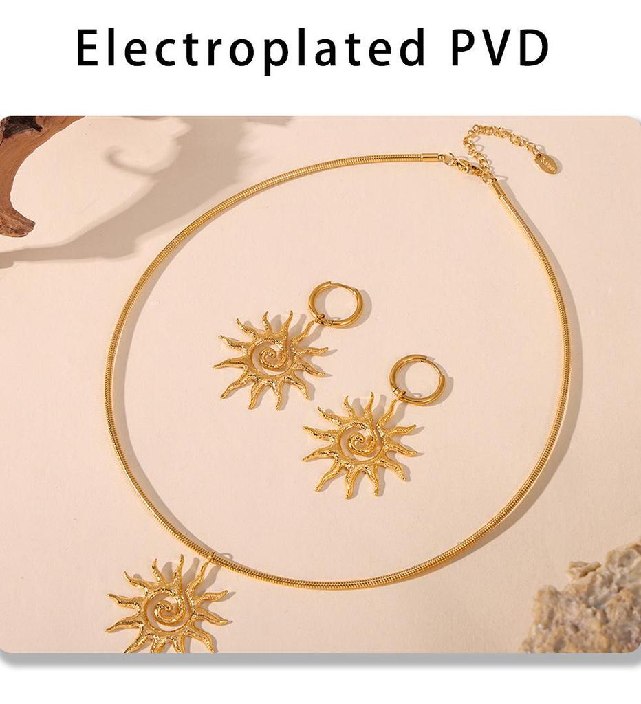 18k Gold-Plated Titanium Spiral Sun Pendant Necklace & Earrings Set