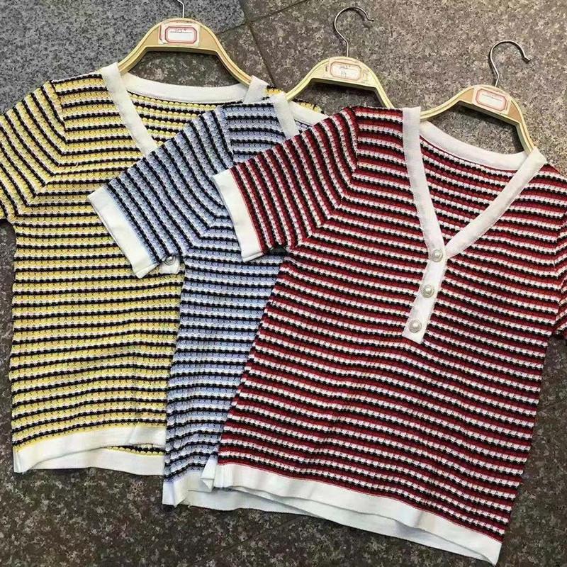 Fashion Summer Temperament Versatile Striped V-neck Pearl Buttons Short Paragraph Short-sleeved Knit Shirt Tops Female Casual Slim Fit Pullovers Tees