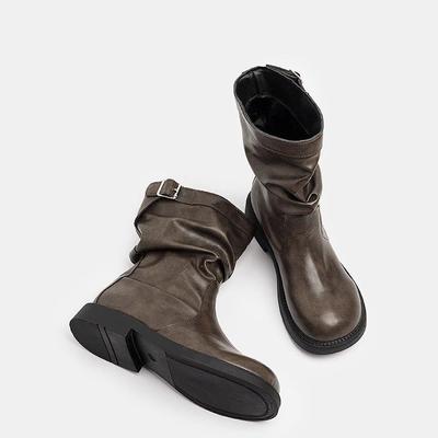 Slouchy Mid Calf Boots for Women Square Toe Motorcycle Riding Boots with Buckles Women's Platform Biker Boots with Low Chunky Heel Ankle Booties