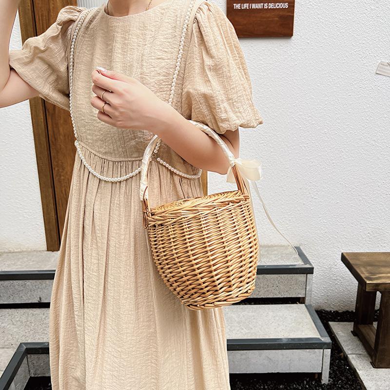 Wicker basket bag women summer beach natural rattan straw bucket totes handmade woven handbags 2026 new