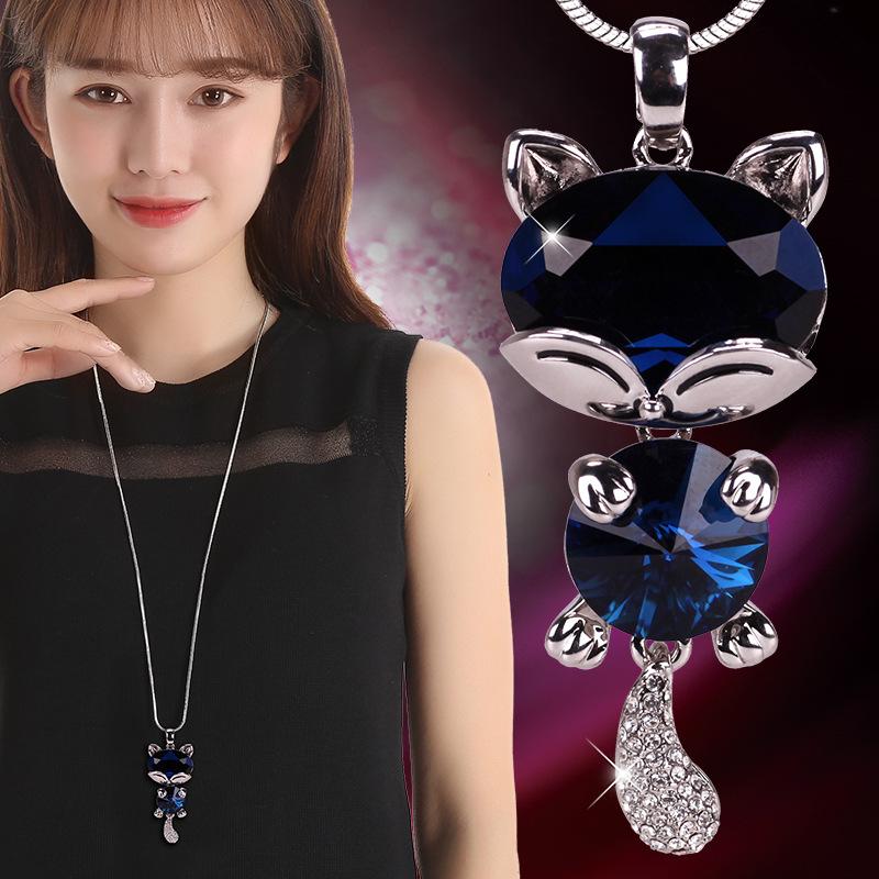 Unique Cat Character Crystal Sweater Necklace Long Chain Fashionable Alloy Jewelry Women For