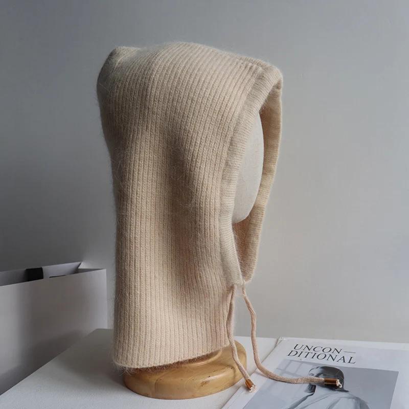 Kaninchenfell Gestrickter Schal Kapuze Sturmhaube Damen Kaschmir Mützen Winter Unisex Warm Ski Mütze Outdoor Ohrenschutz Mütze