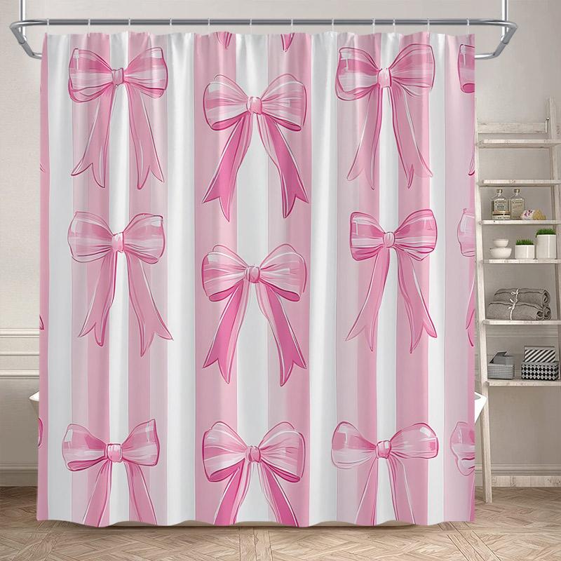 Fashion Bowknot Shower Curtains Red Pink Bow-Tie Heart Pattern Girl Gift Modern Bathroom Decorative Bath Curtain Set With Hooks