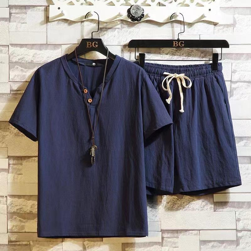 Set subțire pentru bărbați mărime mare, bumbac, in, pantaloni scurți cu mâneci scurte, costum bărbați, culoare solidă, lenjerie de timp liber, sport, vară