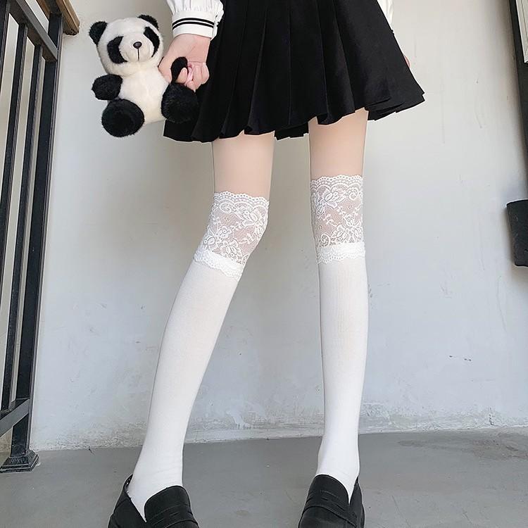 White Lace Calf Socks Women'S Lolita Medium Long Over Knee Socks With High Boots Sweet Thigh Pile Socks