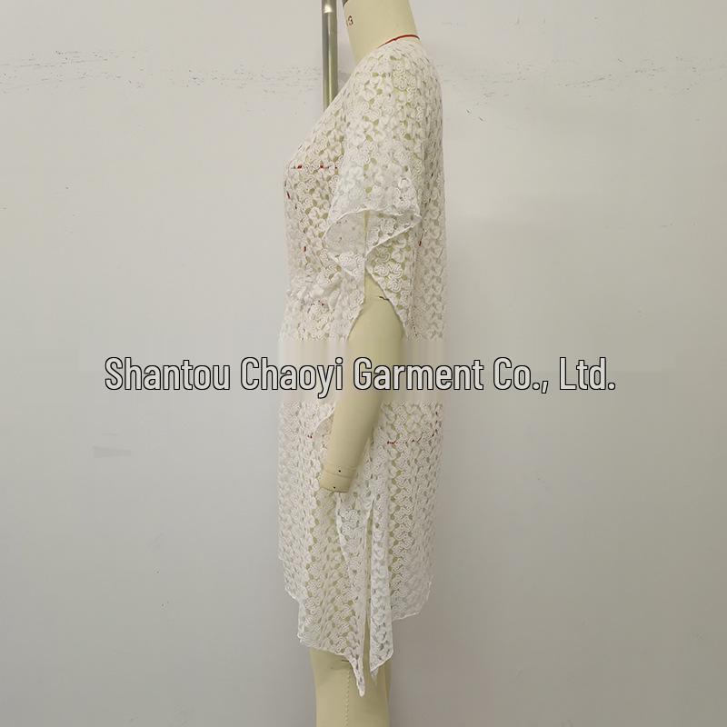 European & American Women's Sexy Hollow Deep V-Neck Knit Waist-Cinching Beach Cover-Up Dress