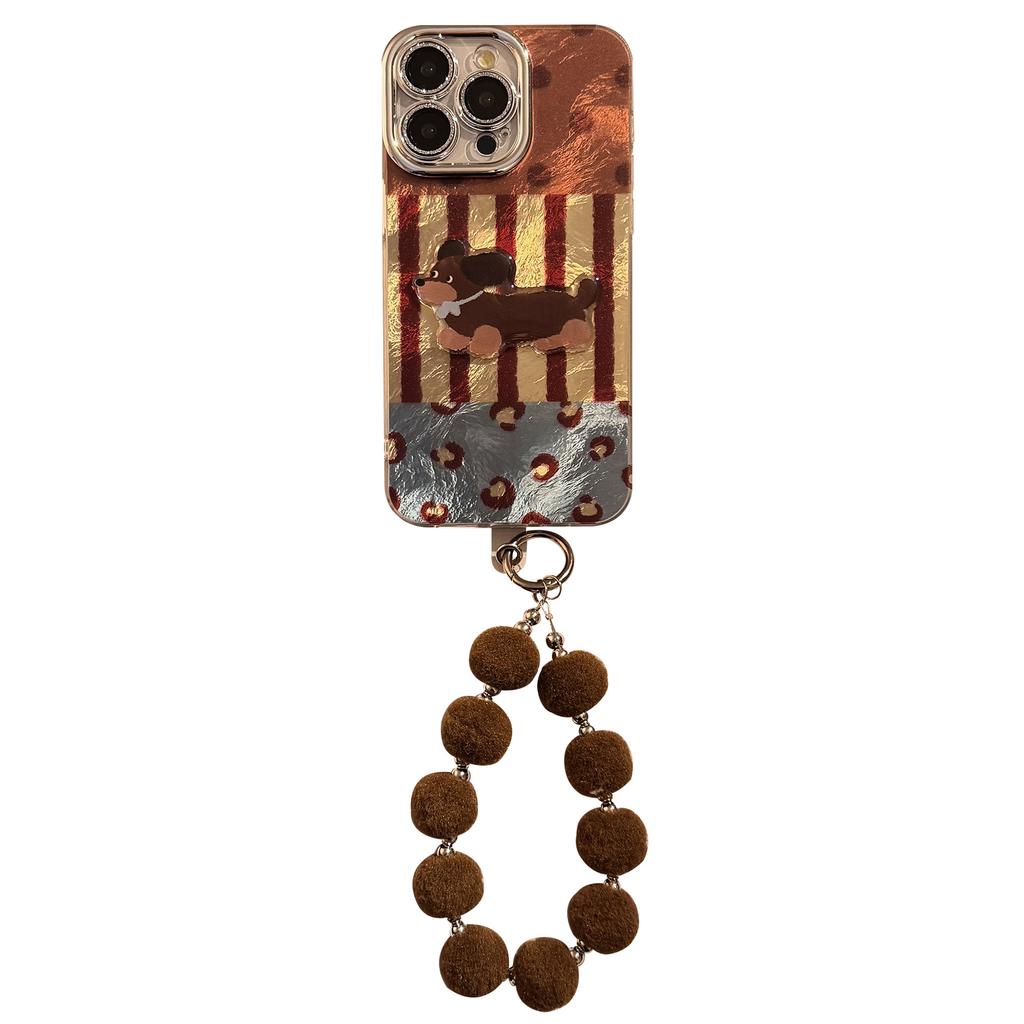 Anwendbar auf iPhone16 Handyhülle Apple 17promax gestreift retro Dackel Hund Plüsch Lanyard Herbst und Winter