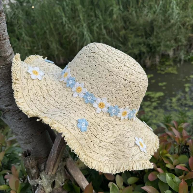Fashion Flower Raffia Straw Hat Women Summer Wide Brim Protection Sun Hat Handmade Woven Beach Cap For Vacation Travel Outdoor