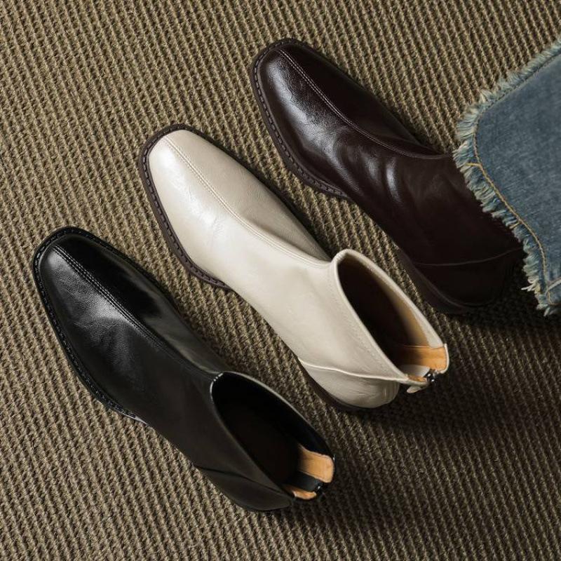 New Versatile and Comfortable Rear Zipper Martin Boots Solid Color Leather Large Size Leather Boots Square Heel Women's Boots Autumn and Winter Mid-tu
