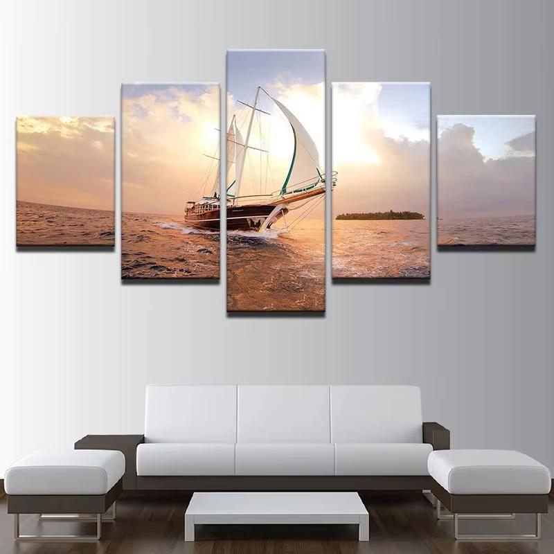 5 Panels Bootschiff Bilder Leinwandmalerei Meereslandschaft Poster und Drucke Wandkunst für Wohnzimmer Heimdekoration Ohne Rahmen