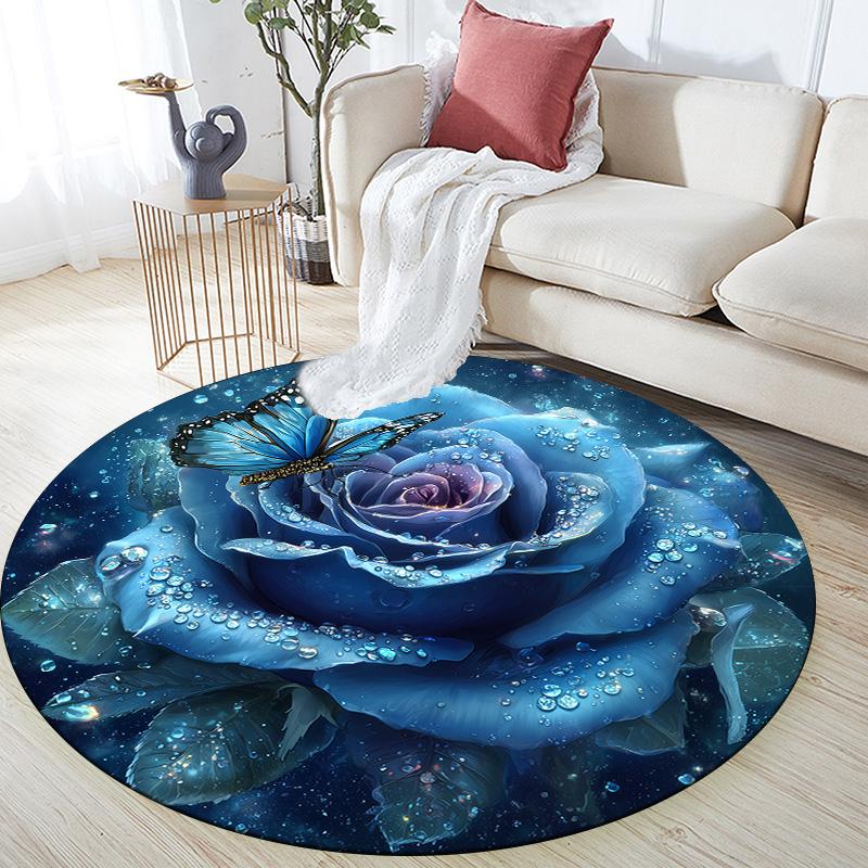 

Blue Floral Wolf Round Area Rug,Carpet Rug for Living Room Bedroom Sofa Playroom Decor,Non-slip Floor Mat 80cmx80cm