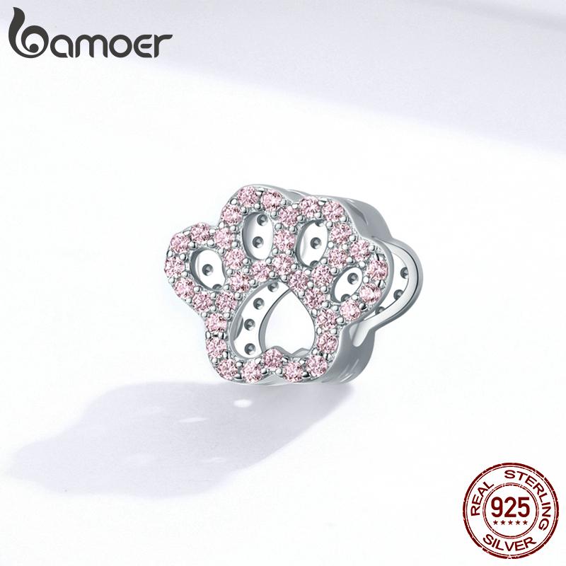 Bamoer Pet Cat Paw Footprint 925 Sterling Silver Bead Charm do bransoletki DIY tworzenia biżuterii