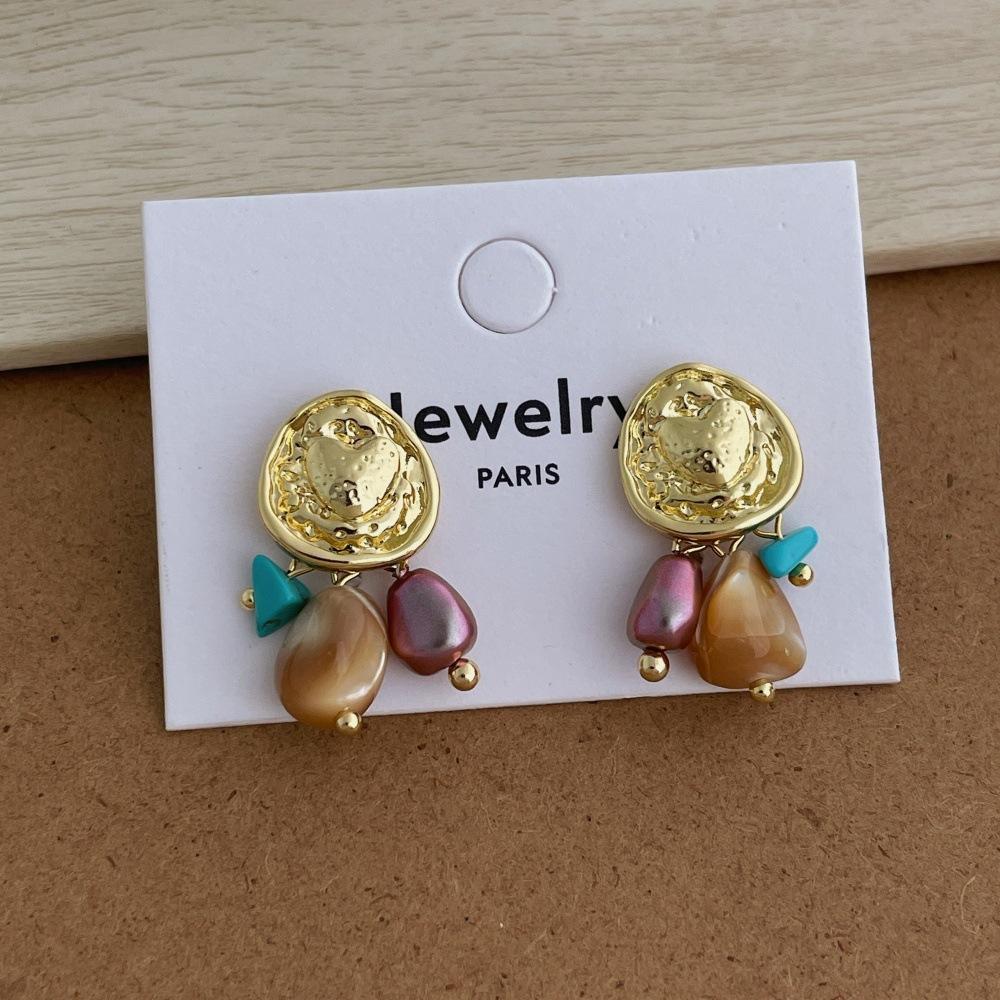 

Vintage French Vibrant Asymmetric Natural Stone Beads Metal Coin Tassel Dangle Earrings For Women Gold Plated Party Jewelry