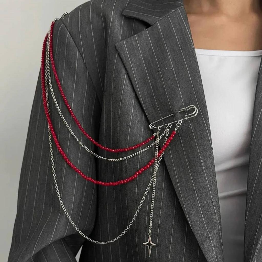 SHIXIN Punk Crystal Beads Tassel Pendant Brooch Chain Women Creative Multi-layer Tassel Double Pin Brooches Suit Brooch Jewelry