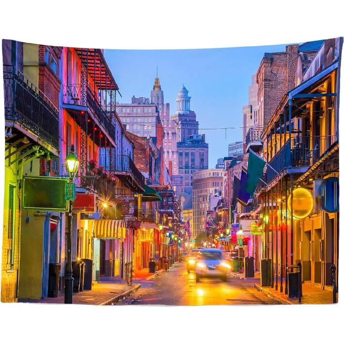 Loccor 80''x60'' New Orleans Bourbon Street Tapestry Mardi Gras New Orleans Nightlife Street Pubs and Bars with Neon Lights Tapestry Wall Hanging