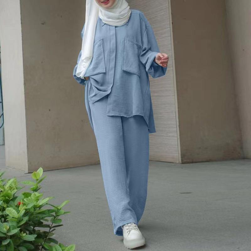 Middle East Muslim Long Sleeve Patch Pocket Shirt & Elastic Waist Pants Set