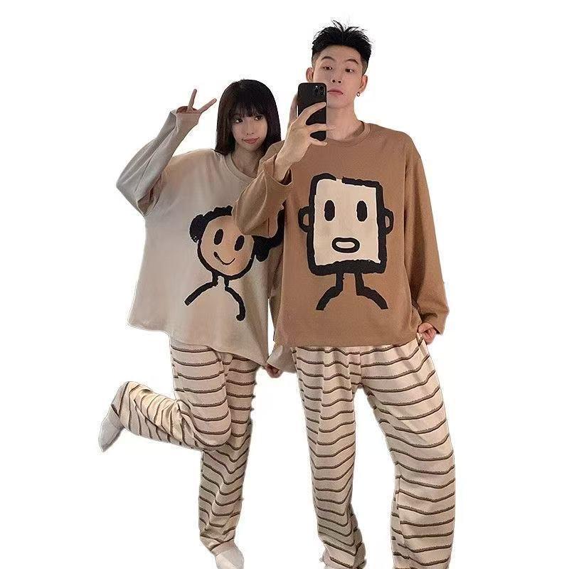 [BOGO] Cartoon Striped Couple Pajamas - Men's & Women's Plus Size, Round Neck, Long Sleeve, Spring/Autumn Korean Style Homewear Set
