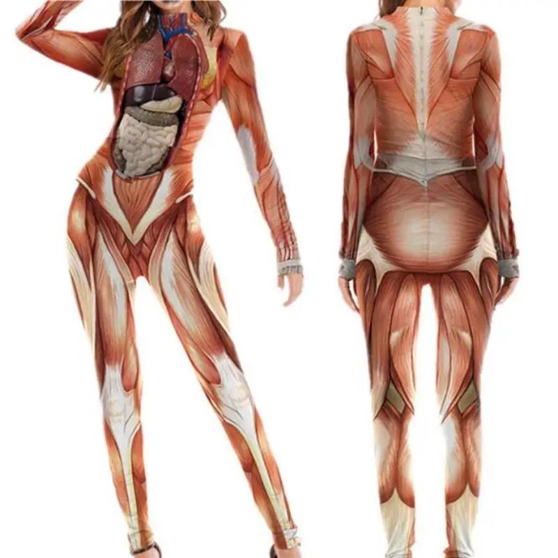 

Женский комбинезон из ткани, структура человеческого тела, Анатомия туловища человека, нарядный купальник для Хэллоуина, костюм Зентаи L коричневый