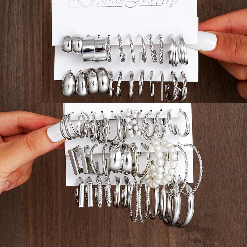 60 Stück/Set Modische Ohrringe Für Damen Boho Vintage Silberfarbe Geometrisches Design Perle Strass Steckerohrringe Schmuck Geschenke Neu