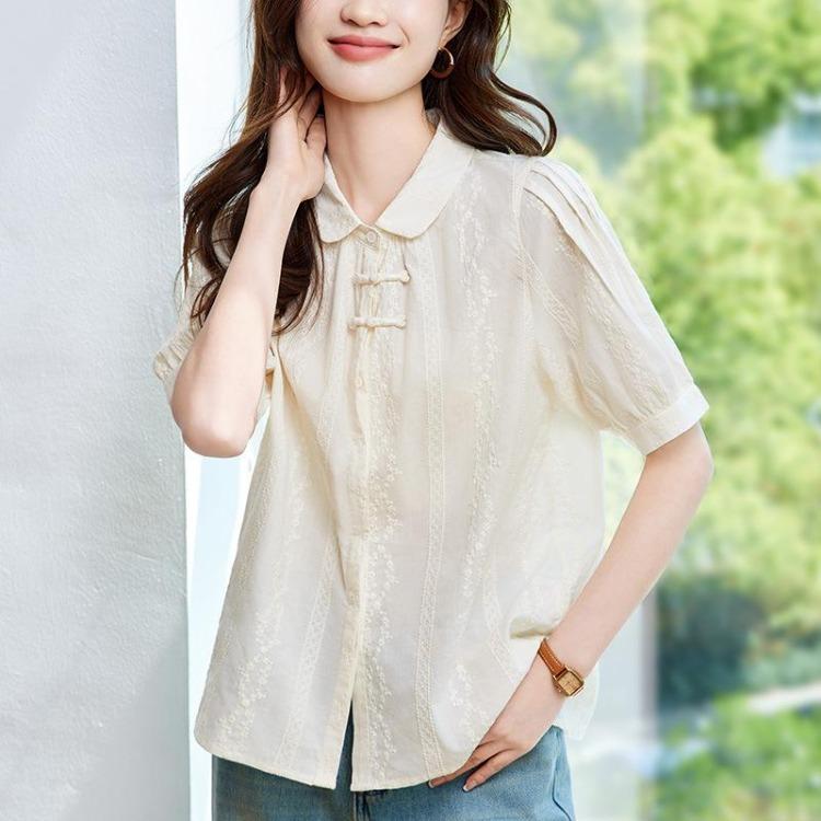 Summer Women Short Sleeve Apricot Embroidered Shirt Chinese Style Pure Cotton Button Top