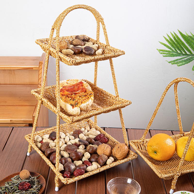 Rattan Style Multi Layer Fruit Basket Tea Snack Tray Home Storage Organizer