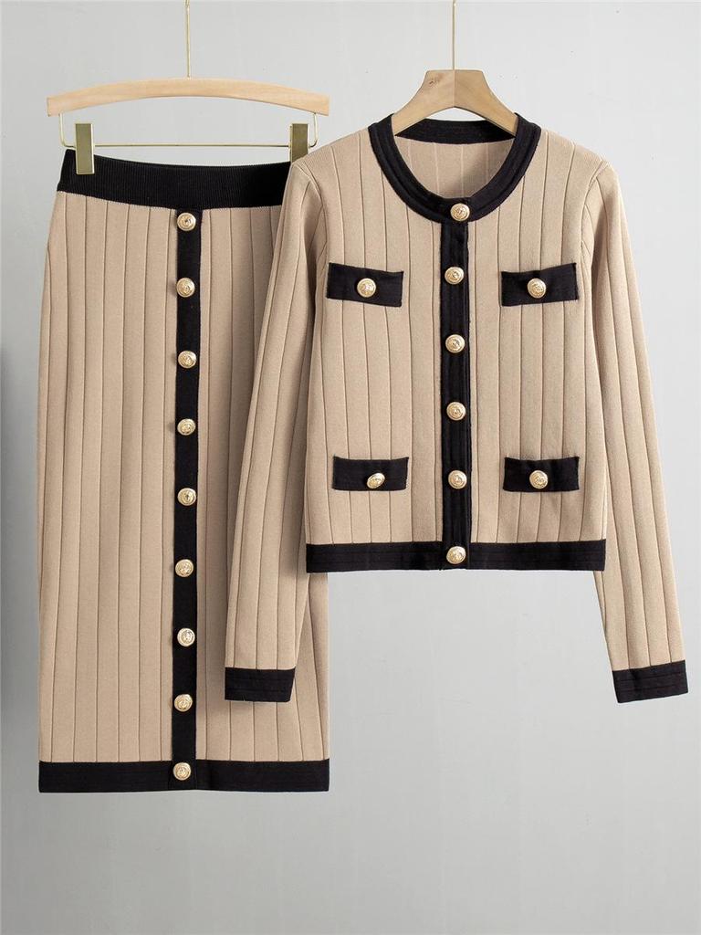 Elegant European Autumn Midi Skirt & Knitted Cardigan Set for Women
