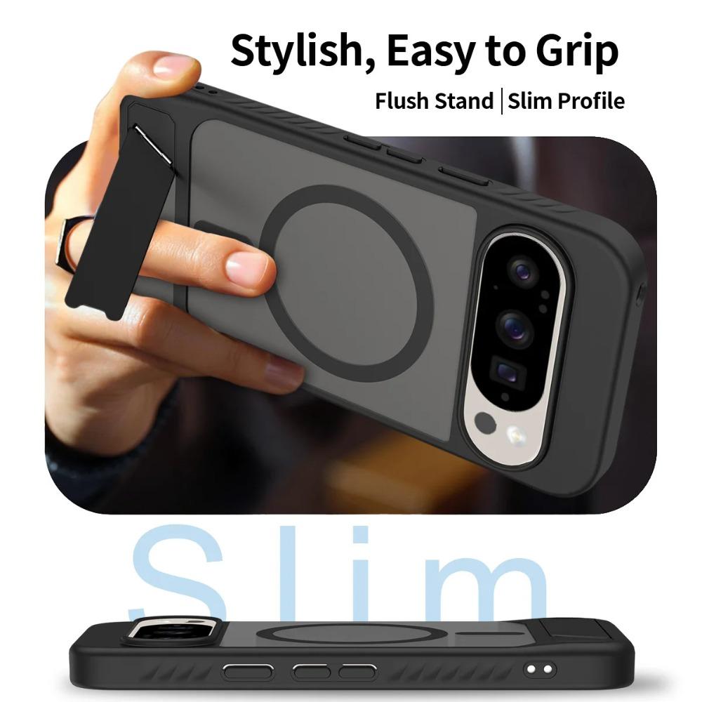 Armor Design Shockproof Matte Case For Google Pixel 10 9 Pro XL Magnetic Wireless Charge Hidden Brackret Semi-Transparent Cover