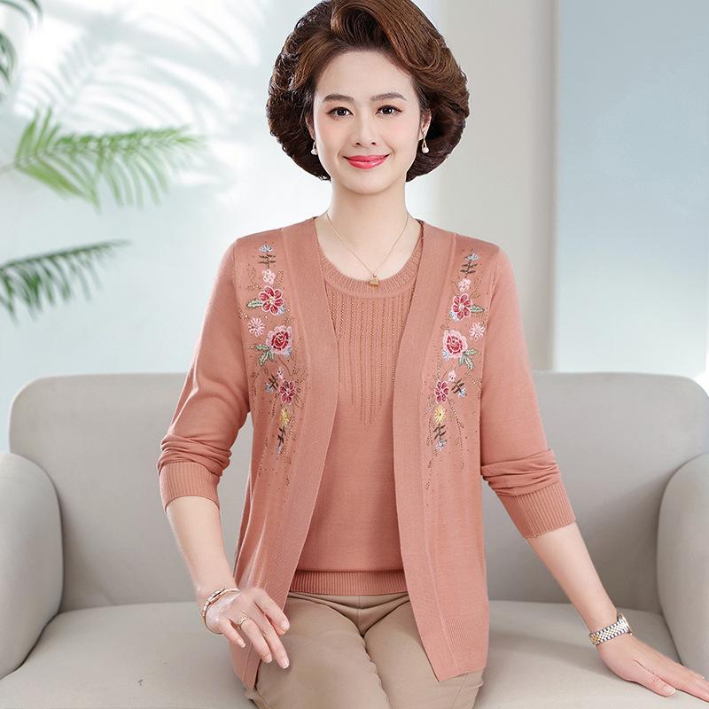 

Spring Embroidered Knit Cardigan Set for Middle-aged and Older Women - Fashionable, Age-Defying Two-Piece Top for Mothers 5XL рожевий/помаранчевий