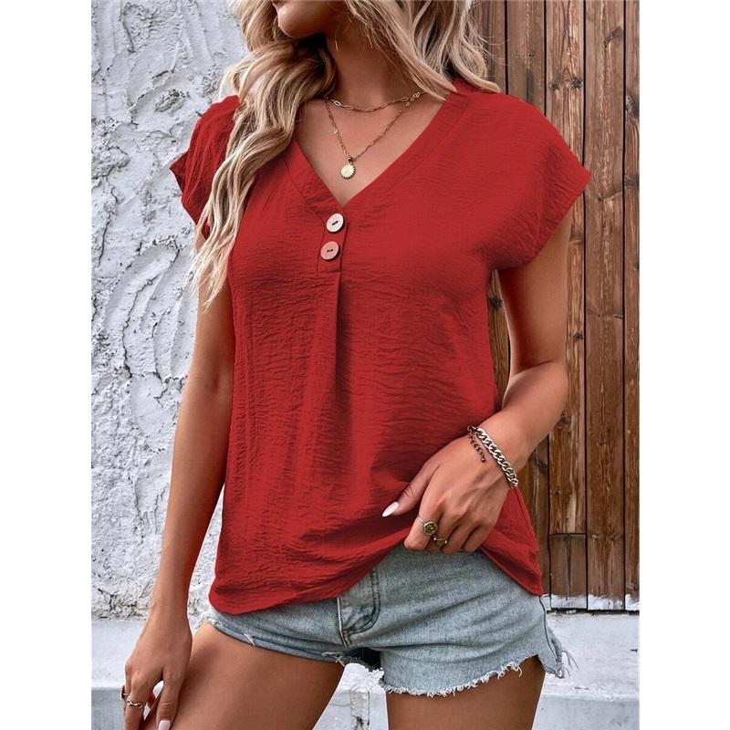 Women's Summer V Neck Button Shirt Batwing Sleeve Loose Casual T Shirt Top Fashionable Summer Blouse For Women Comfortable And Stylish Shirt