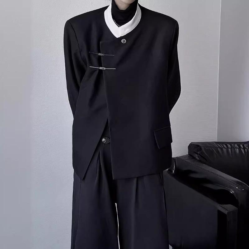 New Chinese Style Stand-up Collar Shoulder Pad Blazer Autumn Men's Omen's Trendy Niche Design Metal Buckle Casual Couple's Suit