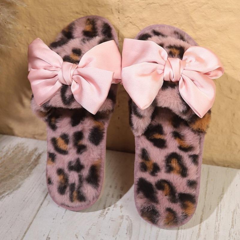 Plush Leopard Print Bow Slippers Women's Autumn and Winter Flat-bottomed Home Floor Mop Open-toed Cotton Slippers Women
