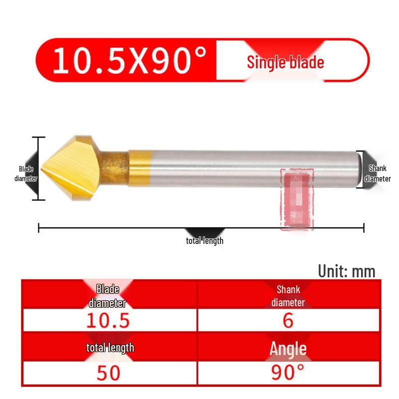 90° Titanium-Coated Chamfering Tool, Single/Three-Flute, 45° Countersink and Deburrer for Stainless Steel.