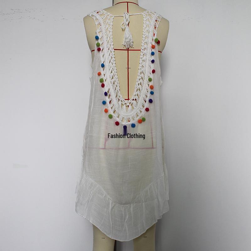 Colorful Ruffle V-Neck Crocheted Patchwork Bikini Cover-Up Skirt