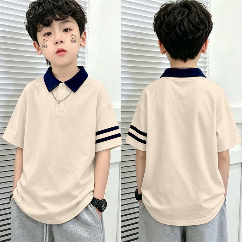 Boys' Cotton Color Block Polo Shirt - 2026 Summer Patchwork Lapel T-shirt for Medium & Large Children