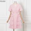 ZANZEA Women Casual Turn Down Collar Loose Short Sleeve Elegant Ruffles Dress